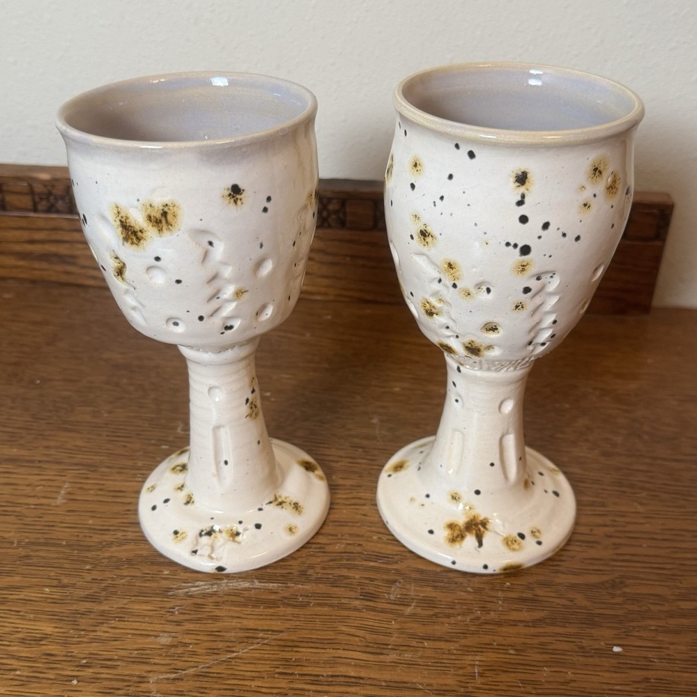 Pair Rustic Speckled Pottery Goblets Chalice Cups Studio Art Ceramic